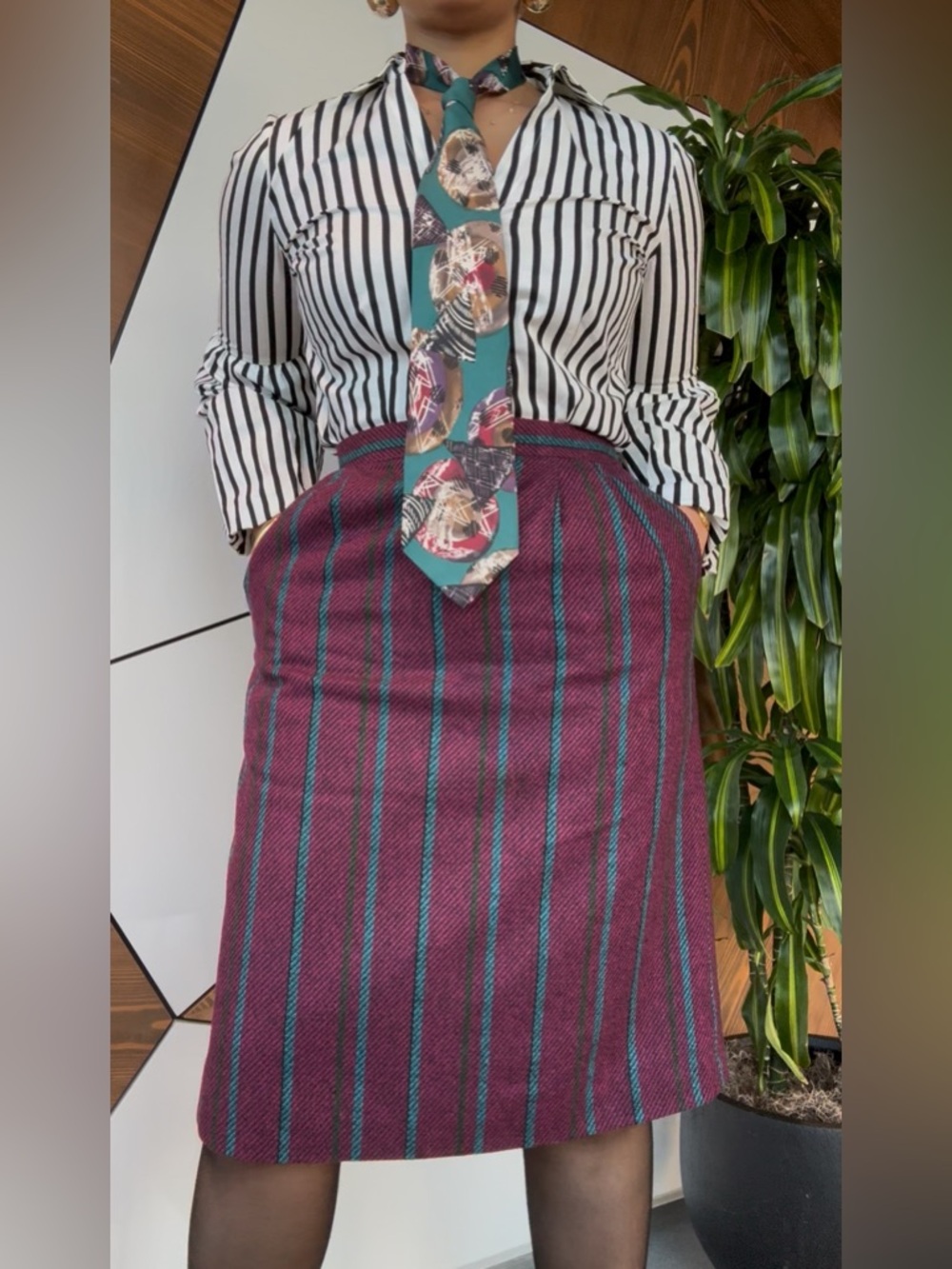 VINTAGE WOOL STATEMENT STRIPPED PENCIL SKIRT